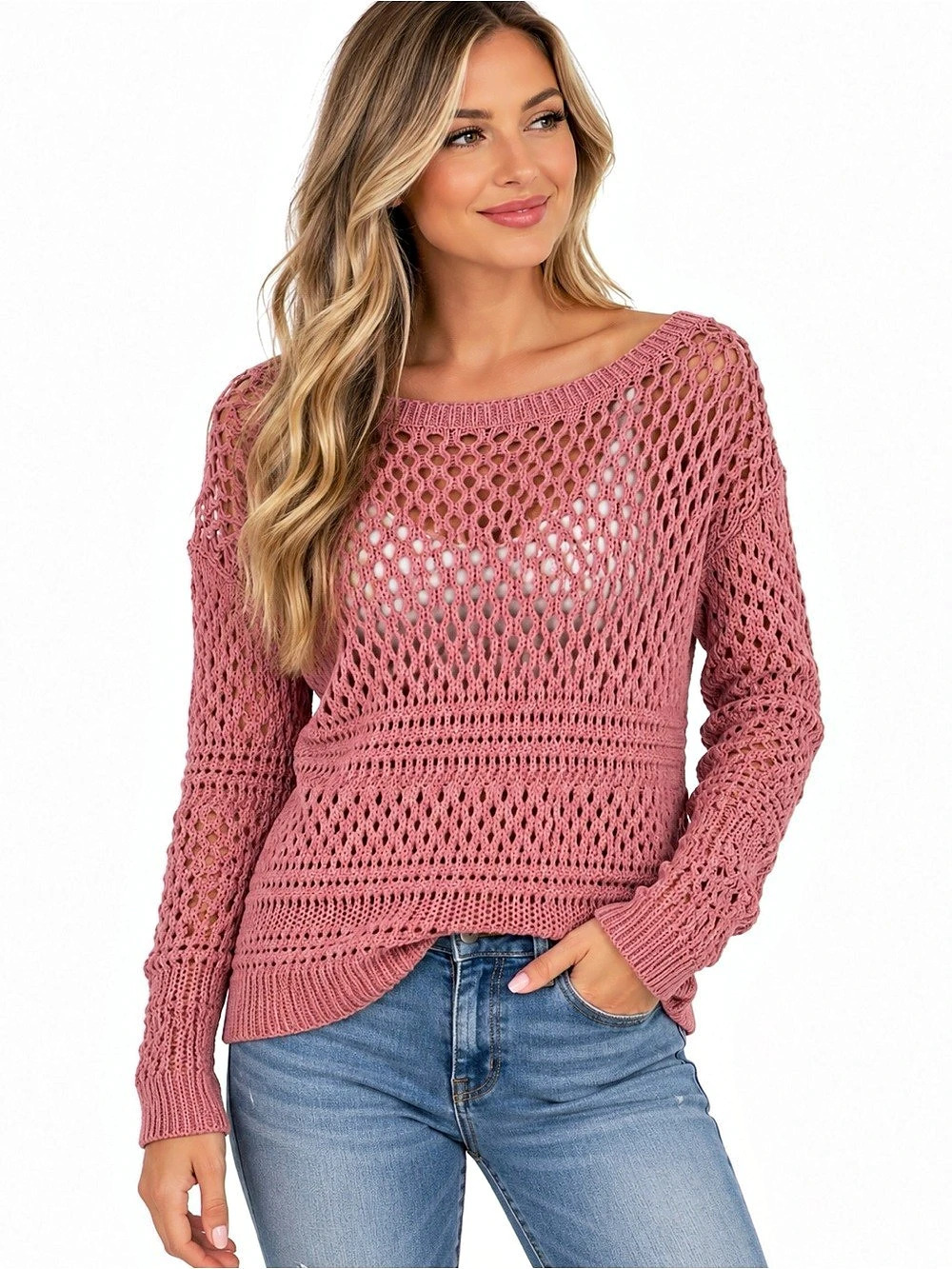 American Eagle Outfitters Open Knit Crewneck Sweater Pink Size Small Boho19